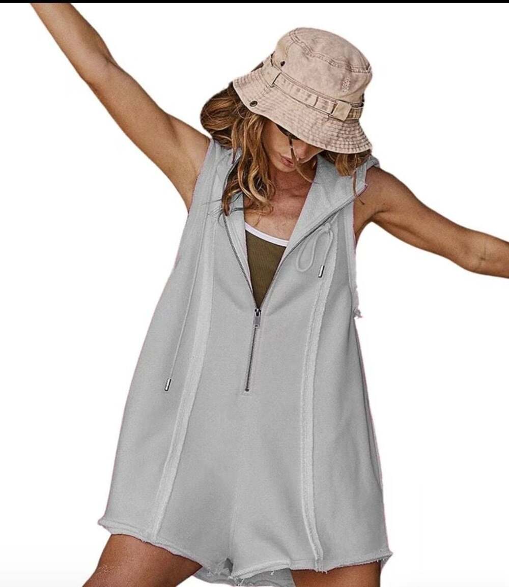 Fashion Women Hooded Half Zip Sleeveless Romper Light Gray